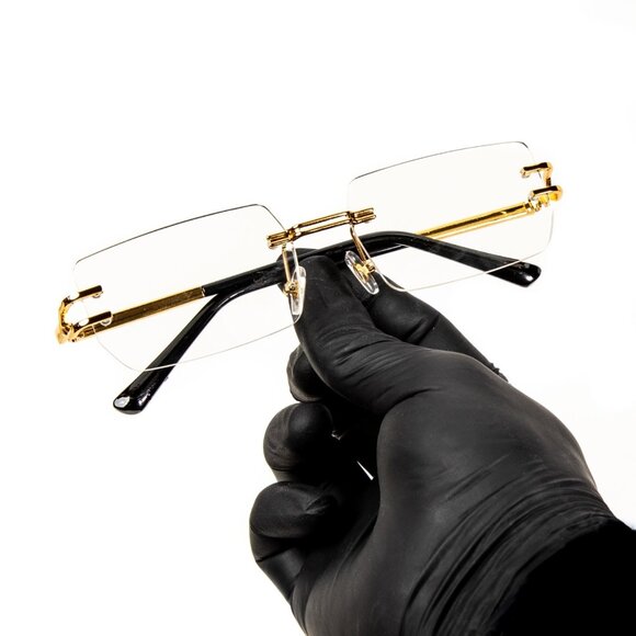 Mens Retro Style Rimless Clear Tint Lens Rectangular Gold Frame Square Glasses - Picture 2 of 8
